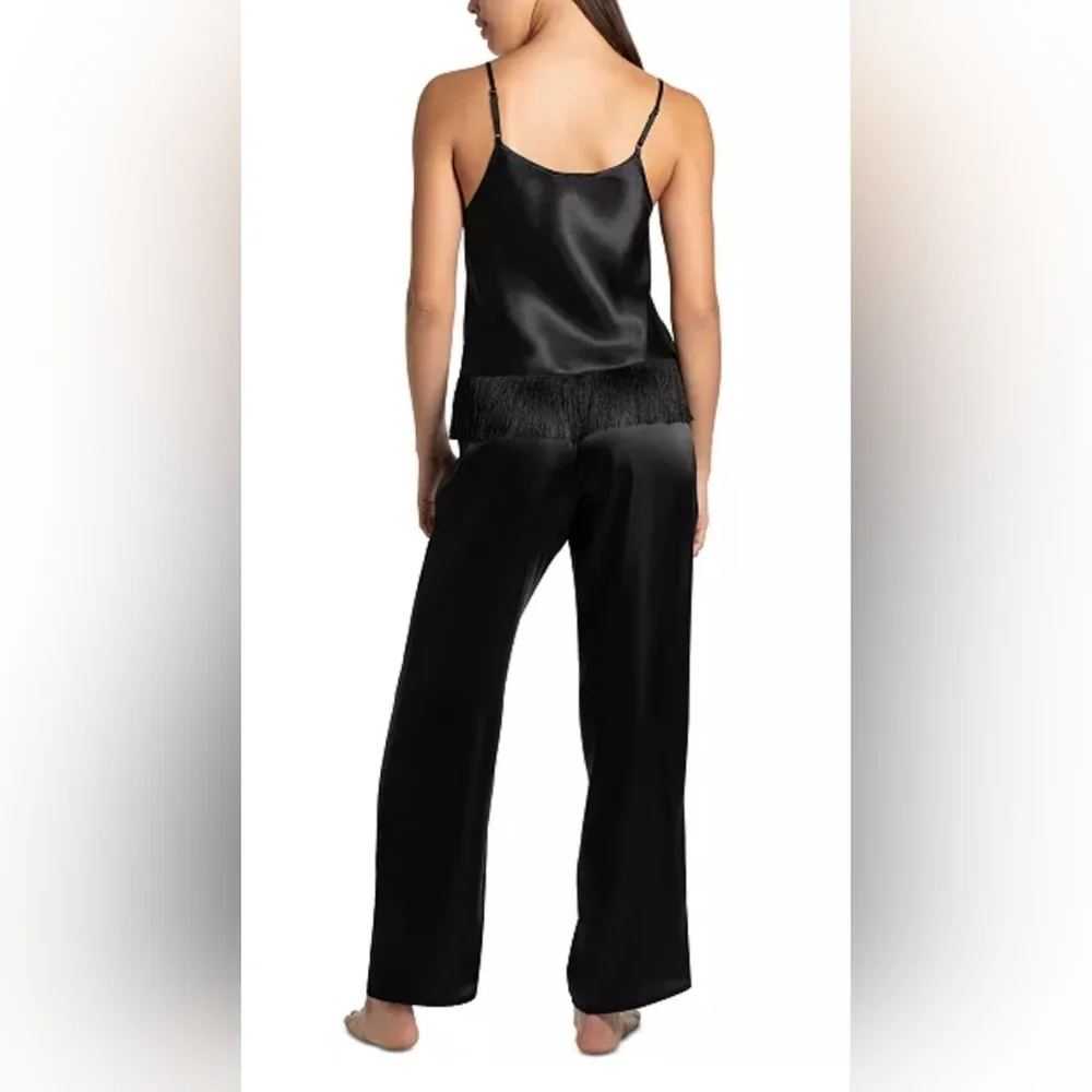 Nwt Linea Donatella 3pc  Black Satin Fringe Sleep PJ Set